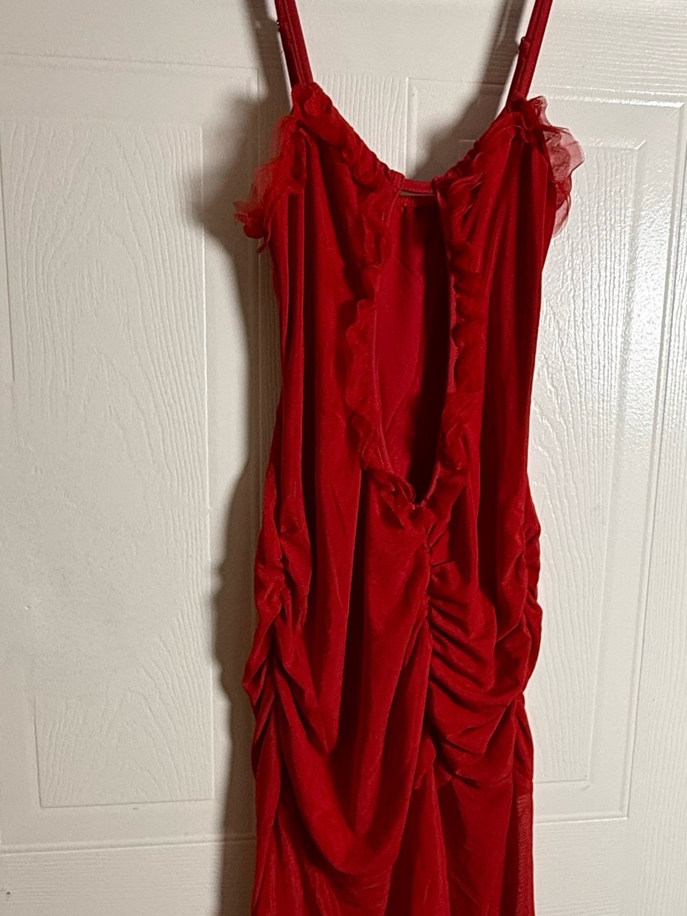 Red Ruched Mesh Backless Midi Dress with Ruffle Trim - Picture 3 of 7